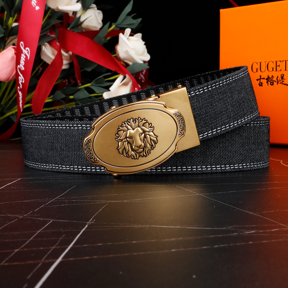 Men's Belt Lion Automatic buckle denim belt canvas  fabric belt 3.4cm