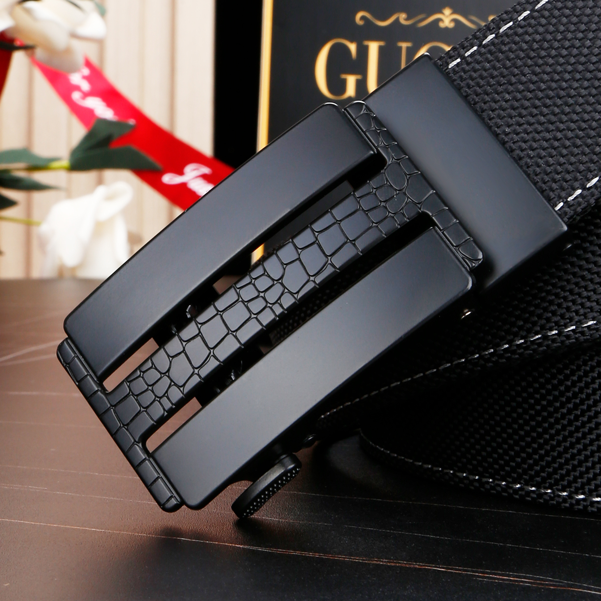 Men's Belt Crocodile grain  Automatic buckle nylon belt canvas  fabric belt 3.4cm