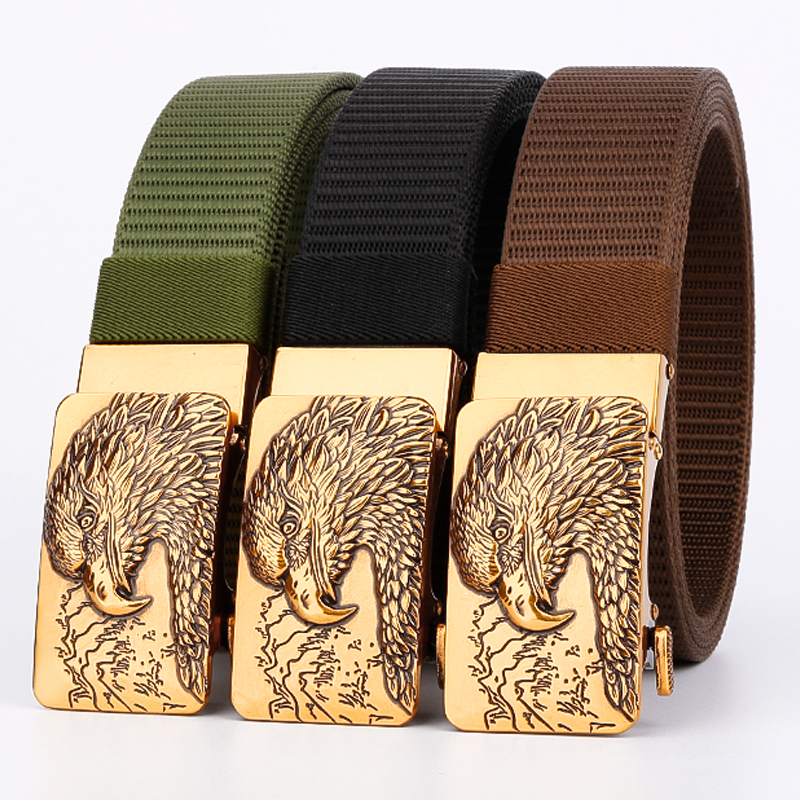 Men's Belt Golden/Sliver Eagle Automatic buckle tank belt canvas  fabric belt 3.4cm